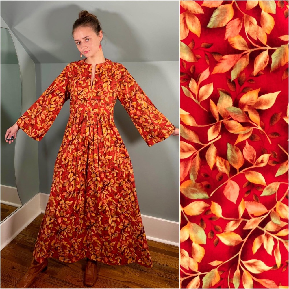 Vintage 1970s Kaftan Dress 70s Fall Leaf Print Angel Sleeve 60s Cotton Medium